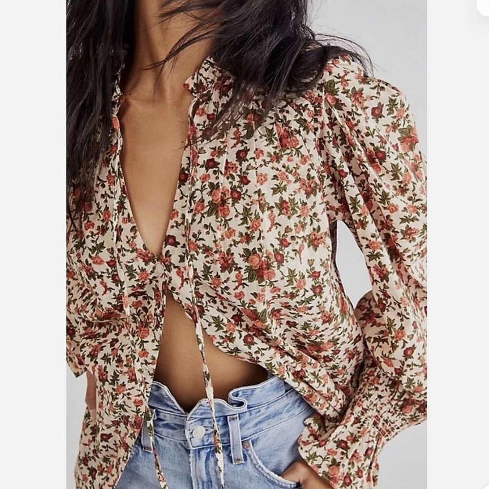 Free People Meant To Be Floral Long Sleeve Button Cottagecore Top NWOT